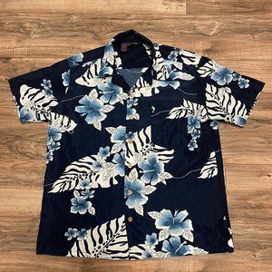 Roundy Bay Men Button Up Shirt Large Blue Floral Hawaiian Short Sleeve Wood